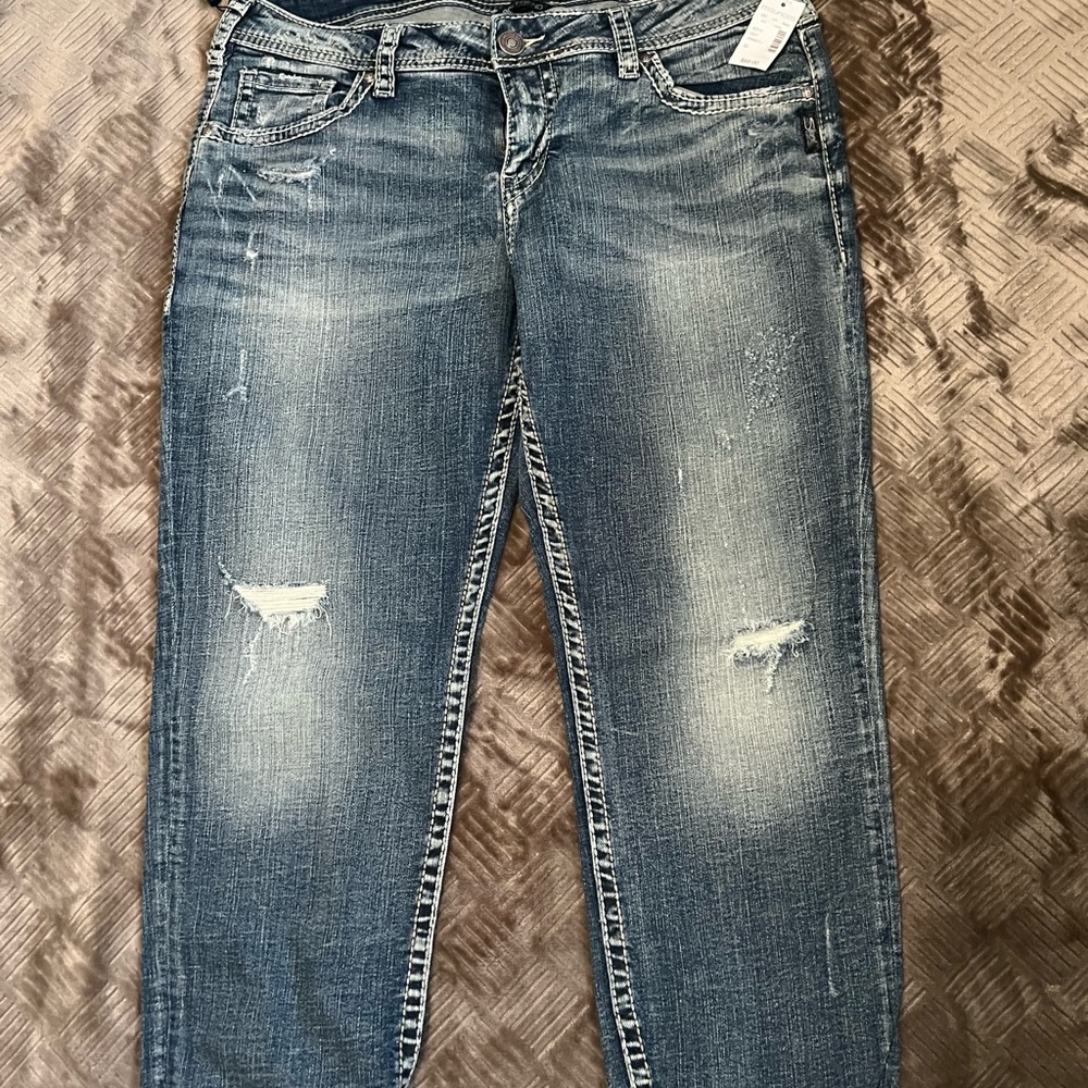 Silver Distressed Blue Jeans